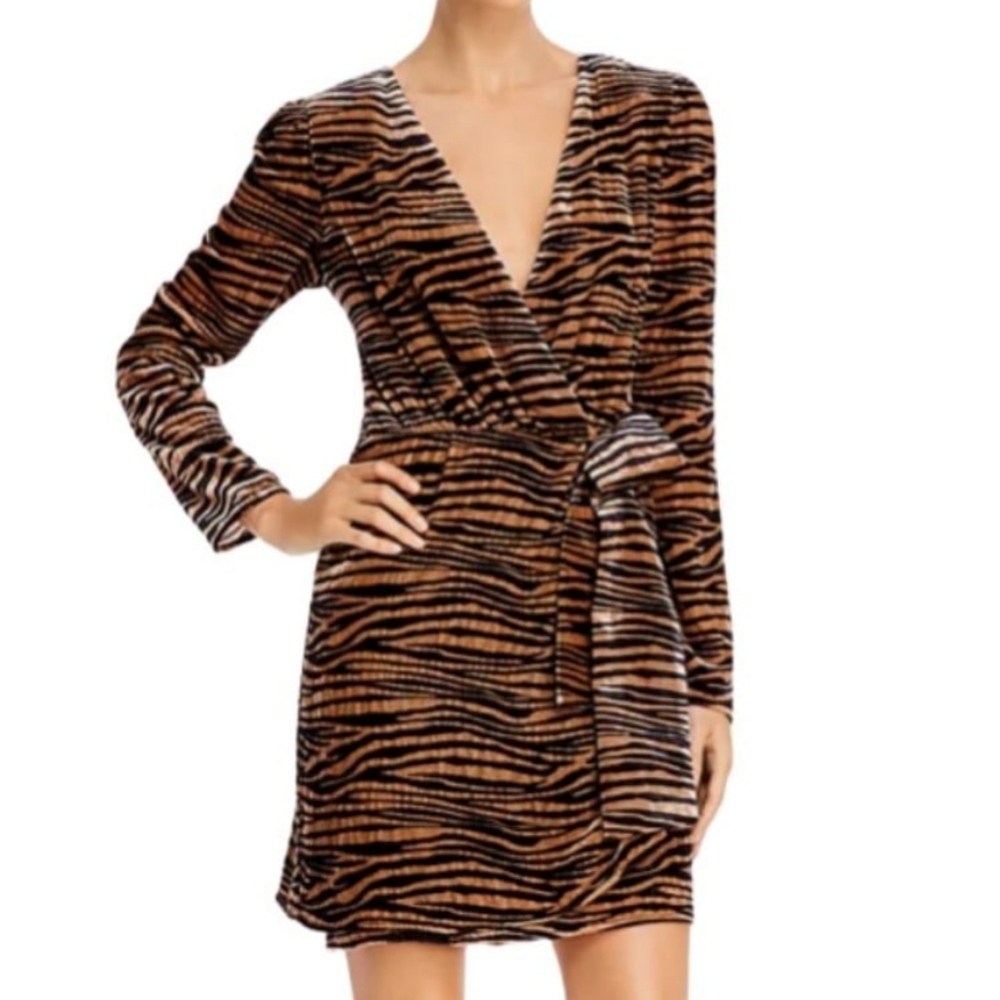 Wayf Mylene Tiger Stripe Print Velvet Wrap Front Vneck Minidress